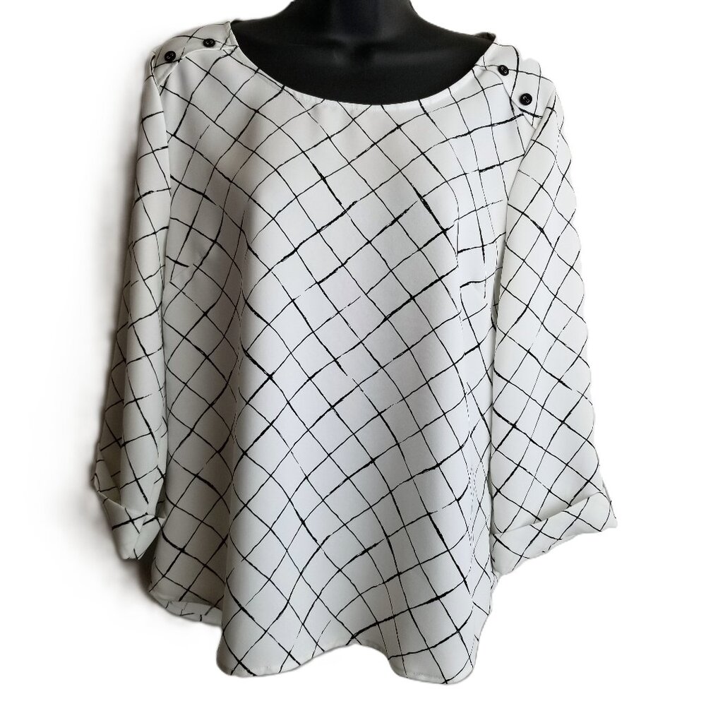 41 Hawthorn Womens Medium Black White Windowpane Blouse Roll Tab Sleeve